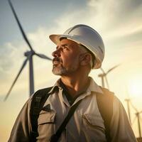 Wind energy worker looking confidenly in future, AI Generative photo