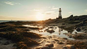 Sand beach during low tide, plain sand and rocks and a distant lighthouse at the sunset, AI generative photo