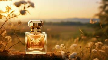 Opulent perfume bottle backed by softly blurred natural landscape, AI generative photo