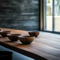 Closeup of an elegant wood table empty bowls. AI generative photo