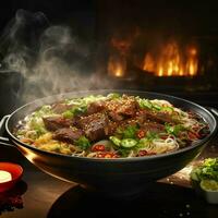 A steaming bowl of beef noodles topped with Sichuan peppercorns and scallions, AI Generative photo