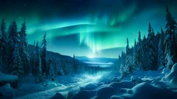 The northern lights dance over the snow-covered forest, AI Generative photo