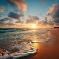 un sereno playa a amanecer con olas suavemente lapeado el costa, ai generativo foto