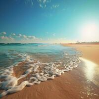 un hermosa playa con el Dom brillante y el olas lapeado el arena, ai generativo foto