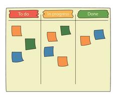 Agile software development. Scrum task kanban board with sticky notes with tasks for team work and visual management vector