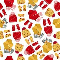 Seamless pattern with Winter clothes. Scarf, Hat, Mittens and on the white background. Flat style. Red and yellow vector