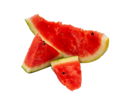 Three slices of red ripe and sweet watermelon of different sizes with black seeds and rind on no background. png