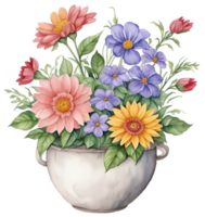 Watercolor flower in pot. AI Generative png