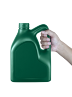 A canister with engine oil in a hand, transparent background png