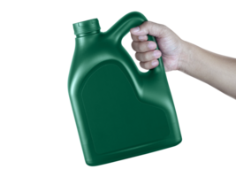 A canister with engine oil in a hand, transparent background png