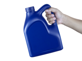 A canister with engine oil in a hand, transparent background png