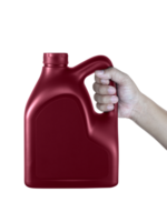 A canister with engine oil in a hand, transparent background png