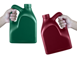 A canister with engine oil in a hand, transparent background png