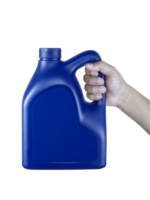 A canister with engine oil in a hand, transparent background png