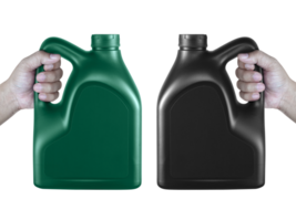 A canister with engine oil in a hand, transparent background png