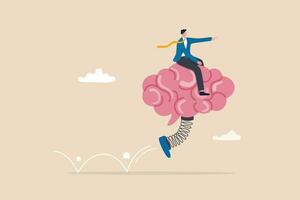 Brain intelligence, resilience or creativity to control thinking process for new idea, smart or wisdom to brainstorm, imagination to success concept, businessman riding human brain with springboard. vector