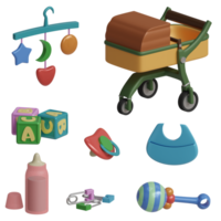 3d rendido conjunto bebê produtos inclui carrinho de bebê, brinquedos, leite garrafa, chupeta perfeito para bebê Projeto projeto png