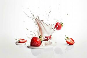 Strawberries splash into milk on white background. Generative AI photo