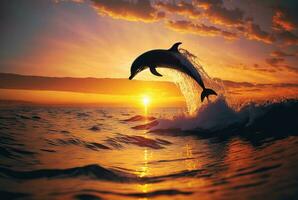 Dolphin jumping in ocean at sunset. Generative AI photo