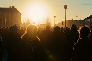 Crowd of people protesting together walking in the city, view from behind, Generative AI photo