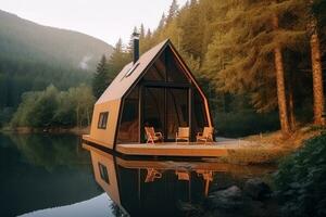 Stylish glamping tent nestled by a lake in a forest, Generative AI photo