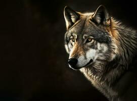 Grey wolf portrait with copy-space, generative AI photo