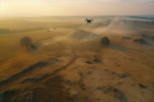 Drone UAV flying above bombarded battlefield, Ukraine Russia war, Generative AI photo