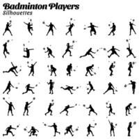 Set of badminton players vector silhouettes.