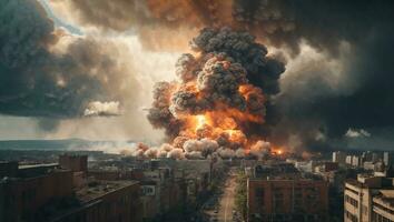 Explosion of nuclear bomb in the city. Terrorism in the capital, Nuclear war threat concept, AI Generative photo