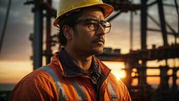 retrato de un hombre petróleo plataforma trabajador con un casco en frente de el costa afuera plataforma con puesta de sol antecedentes. ai generativo foto