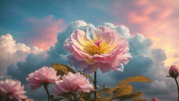 Beautiful colorful flowers with pastel sky and clouds background, Idyllic Meadow. ai generative photo