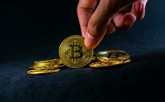Golden bitcoin, Hand  hold bitcoin at a middle of pile with Black background with ray of light. photo