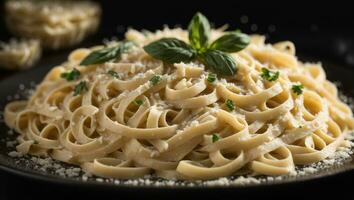 hecho en casa italiano Fettuccine pasta con crema salsa y parmesano queso, Fettuccine Alfredo con parmesano queso, tradicional italiano cocina, oscuro de madera mesa fondo, ai generativo foto