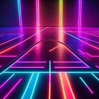 Abstract neon lights background with laser rays, and glowing lines stage. AI generated. photo