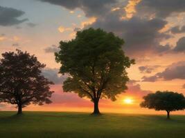 Grassy landscape with a tree and raincloud with a beautiful sunset. AI generated. photo