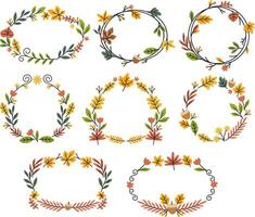 Collection of hand drawn doodle design elements isolated on white background. Set of autumn handdrawn borders, laurel wreaths. Vector illustration.