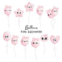 Cute Pink Halloween Balloon Collection featuring kawaii watercolor hand drawings. vector