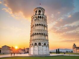 The photos leaning tower in Pisa Italy with beautiful sunrise. AI generated.