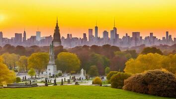 ver de el verde madera cementerio en brooklyn con Manhattan ciudad horizonte hermosa puesta de sol. ai generado. foto