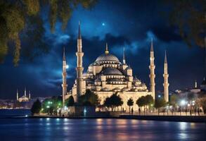 hermosa mezquita en el noche ciudad de Estanbul pavo. ai generado. foto