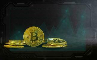 Golden bitcoin in the middle of pile, Bitcoin with blue graph on black background. Crypto currency concept photo