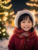 ai generative, Cute kid in Santa Claus costume on blurred snowy Christmas eve background photo