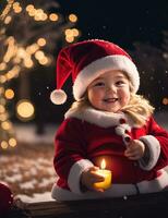 ai generative, Cute kid in Santa Claus costume on blurred snowy Christmas eve background photo