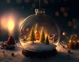 AI Generative vibrant cozy stunning winter Christmas tree inside clear crystal ball photo
