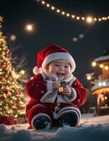 ai generativo, linda niño en Papa Noel claus disfraz en borroso Nevado Navidad víspera antecedentes foto
