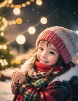 ai generative, Cute kid in Santa Claus costume on blurred snowy Christmas eve background photo