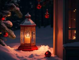 un vibrante acogedor linterna decoración Navidad noche foto