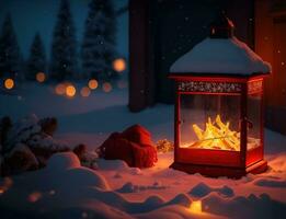 ai generativo un vibrante acogedor linterna decoración Navidad noche foto