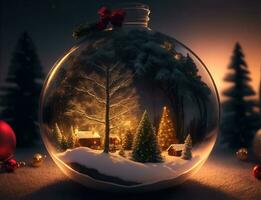 ai generativo vibrante acogedor maravilloso invierno Navidad árbol dentro claro cristal pelota foto