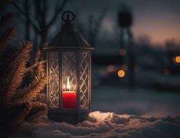 ai generativo un vibrante acogedor linterna decoración Navidad noche foto